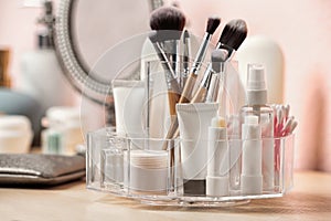 Set of body care cosmetic products on table