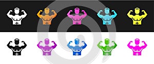 Set Bodybuilder showing his muscles icon isolated on black and white background. Fit fitness strength health hobby