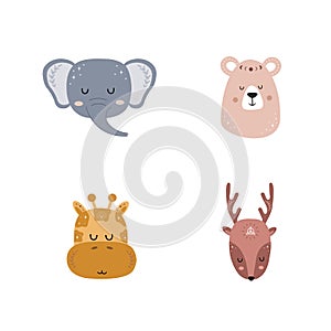 Set of boho animals. Cute hand drawn elephant, giraffe, bear, deer. Characters for nursery posters, cards, home decor