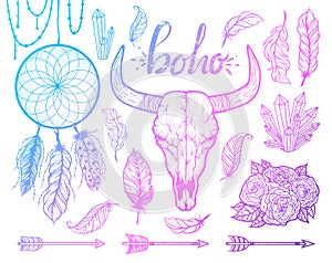 Set of Boho elements. Bull skull native Americans tribal style. Tattoo blackwork. Vector hand drawn illustration.