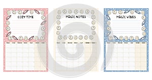 Set of boho monthly calendars with white candles decorative elements, place for notes and to do list. Cozy lagom planners.
