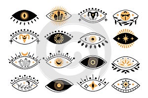 Set of boho mystical eyes icons with sun,  crescent moon, goat, lotus, cristal in trending minimal linear style.