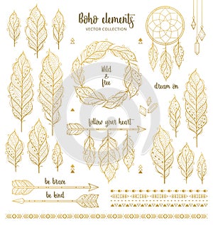 Set of boho style hand drawn elements in golden color