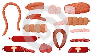 Set of boiled and smoked sausage products, frankfurter, grilled sausages, whole sausage, half, sliced, boiled pork