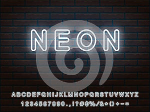 Set of bold rounded white neon font. Letters, numerals, signs, icons for web design and advertising