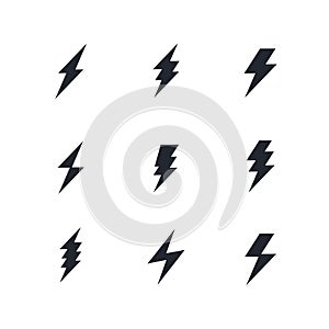 Set of the bolts of lightning. Vector minimalistic flash icons. Thunder elements. Flat design.