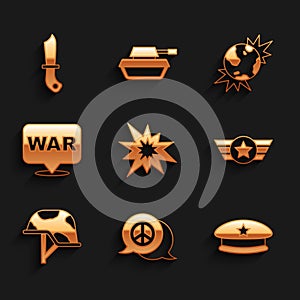 Set Bomb explosion, Peace, Military beret, Star American military, helmet, The word war, explosive planet earth and