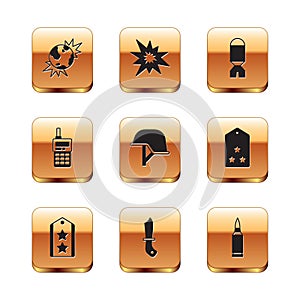 Set Bomb explosive planet earth, Military rank, knife, helmet, Walkie talkie, Rocket launcher, Bullet and explosion icon