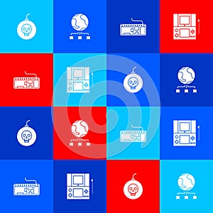 Set Bomb ready to explode, Computer network, keyboard and Portable video game console icon. Vector