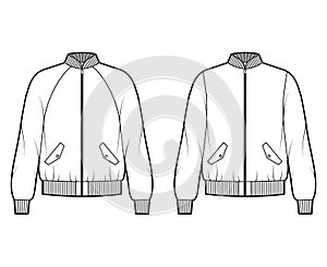 Set of Bomber jackets technical fashion illustration with Rib baseball collar, cuffs, long raglan sleeves, flap pockets