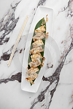 Set of bonito rolls with grilled salmon, avocado, tuna shavings and green bamboo leaf in a white ceramic plate with chopstick on a