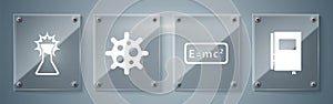 Set Book, Equation solution, Virus and Test tube and flask. Square glass panels. Vector