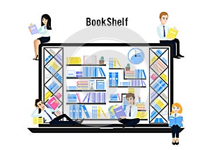 Set of book in online library on laptop and business people group flat icon design vector illustration