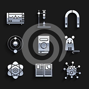 Set Book, Open book, Bacteria, Rat, Atom, Solar system, Magnet and Computer monitor with cardiogram icon. Vector