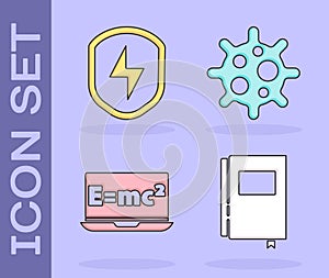 Set Book, Secure shield with lightning, Equation solution and Virus icon. Vector