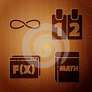 Set Book with word mathematics, Infinity, Function mathematical symbol and Calendar on wooden background. Vector