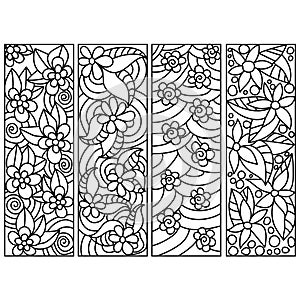 Set of bookmarks for coloring pages with floral motifs, ornate patterns with leaves and buds