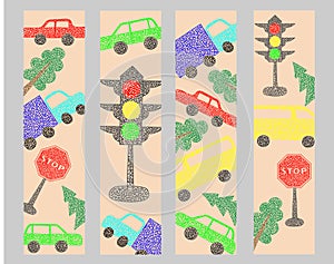 Set bookmarks with hand drawn cars on beige background in childrens naive style