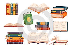 Set Of Books, Bestsellers, School Textbooks. Closed And Open Dictionaries With Colorful Covers And Bookmarks