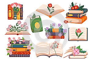 Set Books With Flowers, Bestsellers, Romance Literature. Closed And Open Dictionaries With Colorful Blossoms