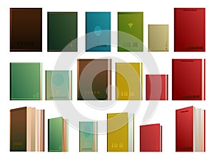 Set books objects. Front view. Great collection for reading. Library or bookstore. Isolated on white background. Vector.