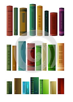 Set books objects. Great collection for reading. Library or bookstore. Side view. Isolated on white background. Vector.