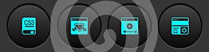 Set Books about programming, Browser with shield, Online play video and Debugging icon. Vector