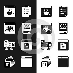Set Books about programming, Browser with shield, Software, Clipboard checklist, Computer monitor screen, window and
