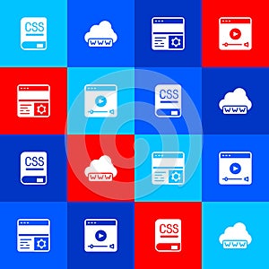 Set Books about programming, Web development, Debugging and Online play video icon. Vector