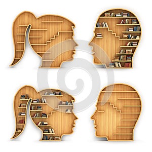 Set of bookshelves in the form of man and woman head.