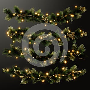 Set of Border with green fir branches, gold lights isolated on transparent background. Pine, Merry Christmas garland. 3D border