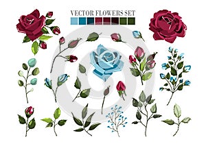 Un conjunto compuesto por borgonón a armada azul rosas flores a hojas verdes 