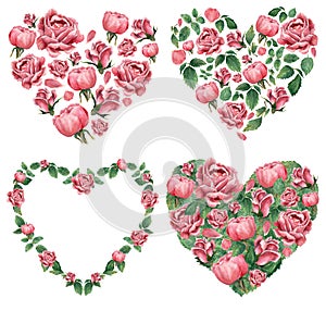 Set of botanical heart shaped wreaths made of rose flowers
