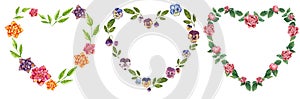 Set of botanical heart shaped wreaths made of viola  dahlia and rose flowers