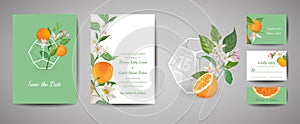 Set of Botanical retro wedding invitation card, vintage Save the Date, template design of orange fruits and leaves, citrus blossom