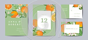 Set of Botanical retro wedding invitation card, vintage Save the Date, template design of orange fruits and leaves, citrus blossom