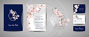 Botanical retro wedding invitation card, vintage Save the Date, template design of sakura flowers and leaves, cherry