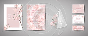 Botanical retro wedding invitation card, vintage Save the Date, template design of sakura flowers and leaves, cherry