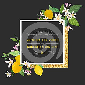 Set of Botanical wedding invitation card, vintage Save the Date, template design of lemons fruit flowers and leaves, blossom