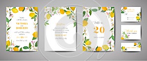 Set of Botanical wedding invitation card, vintage Save the Date, template design of lemons fruit flowers and leaves, blossom