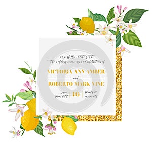 Set of Botanical wedding invitation card, vintage Save the Date, template design of lemons fruit flowers and leaves, blossom