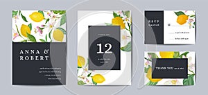 Set of Botanical wedding invitation card, vintage Save the Date, template design of lemons fruit flowers and leaves, blossom