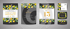 Set of Botanical wedding invitation card, vintage Save the Date, template design of lemons fruit flowers and leaves, blossom