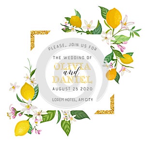 Set of Botanical wedding invitation card, vintage Save the Date, template design of lemons fruit flowers and leaves, blossom