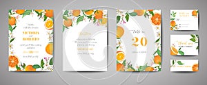 Set of Botanical wedding invitation card, vintage Save the Date, template design of orange, citrus fruit, flowers and leaves