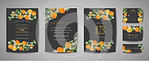 Set of Botanical wedding invitation card, vintage Save the Date, template design of orange, citrus fruit, flowers and leaves