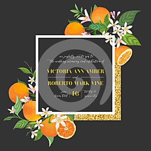 Set of Botanical wedding invitation card, vintage Save the Date, template design of orange, citrus fruit, flowers and leaves