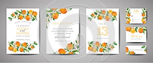 Set of Botanical wedding invitation card, vintage Save the Date, template design of orange, citrus fruit, flowers and leaves