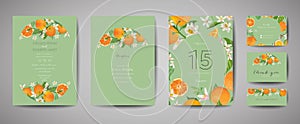 Set of Botanical wedding invitation card, vintage Save the Date, template design of orange, citrus fruit, flowers and leaves