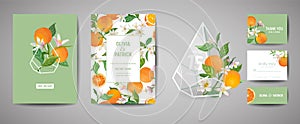 Set of Botanical wedding invitation card, vintage Save the Date, template design of orange fruit, flowers and leaves, blossom